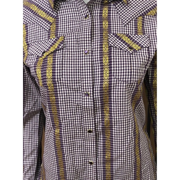 Wrangler Women's Plaid Western Shirt Gold Trim XS Snap Front Long Vintage Sleeve - Picture 2 of 10